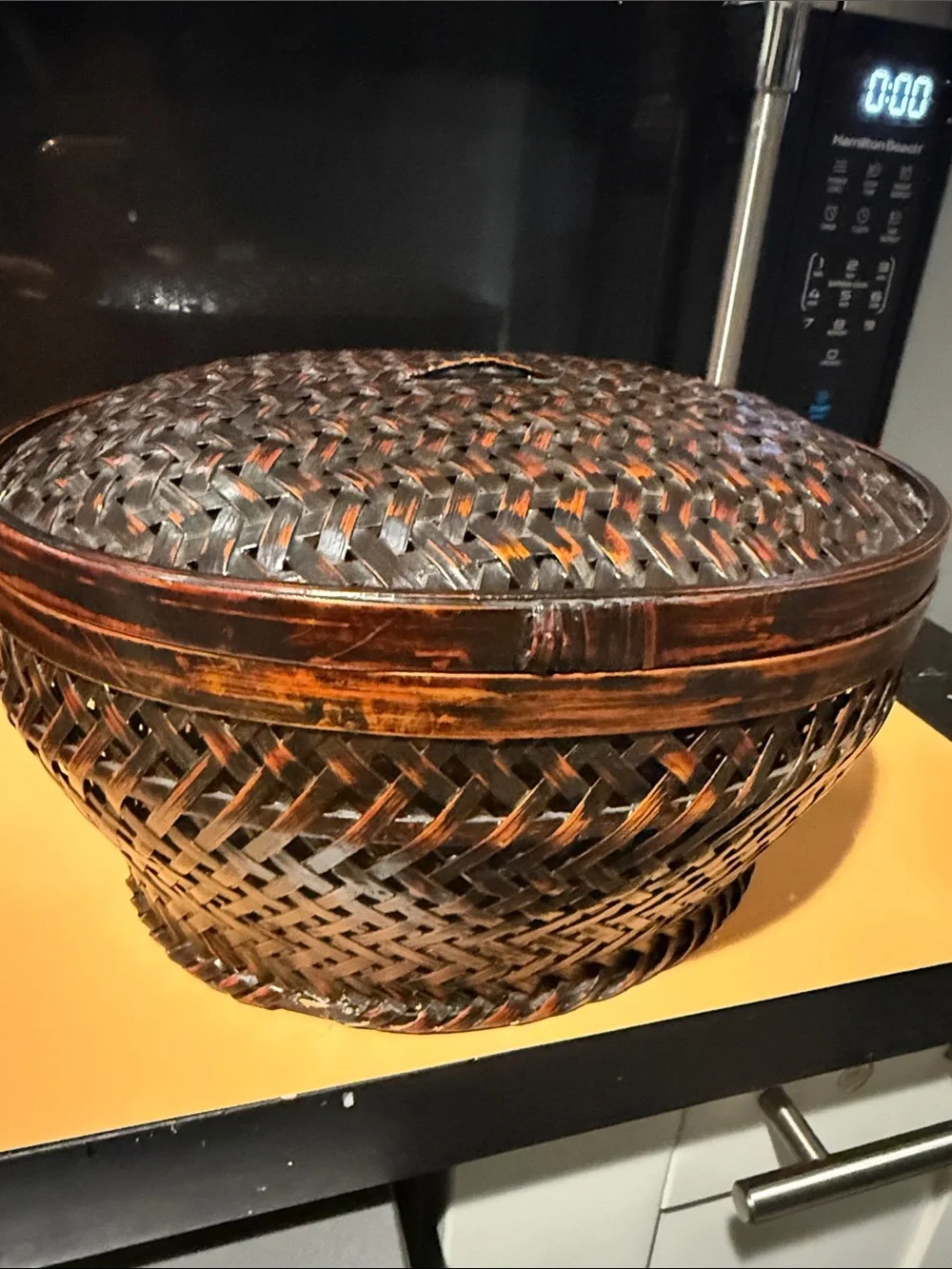Woven Round Lidded Basket - Brown - 10”x5”